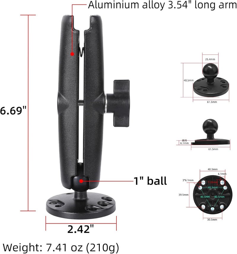 FPN 1" Ball Double Socket Arm with AMPS Hole Round Plate Base, Aluminum Alloy Arm&Drill Base, Compatible with RAM Mounts 1 Inch Ball Components, for Bike Car Motorcycle Phone Mount (6.69" Length) - Image 2